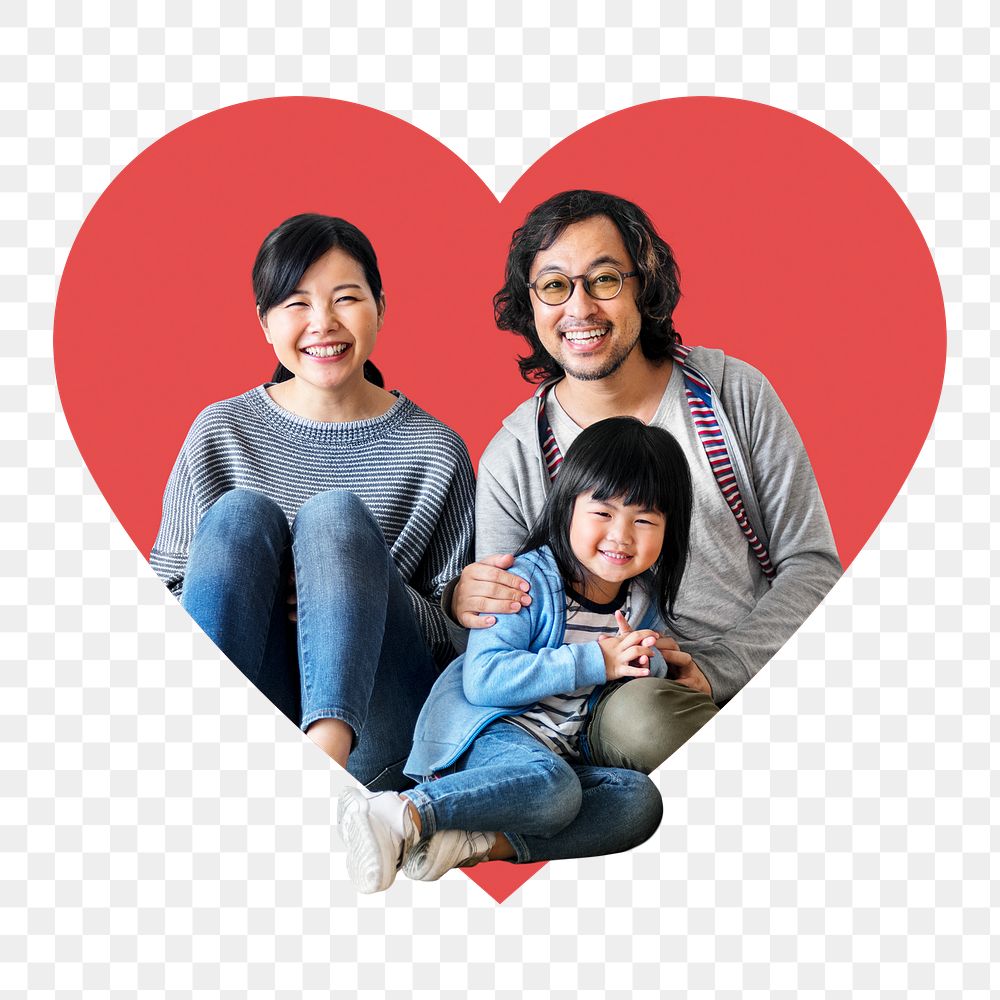 Asian family png badge sticker, love photo in heart shape, transparent background