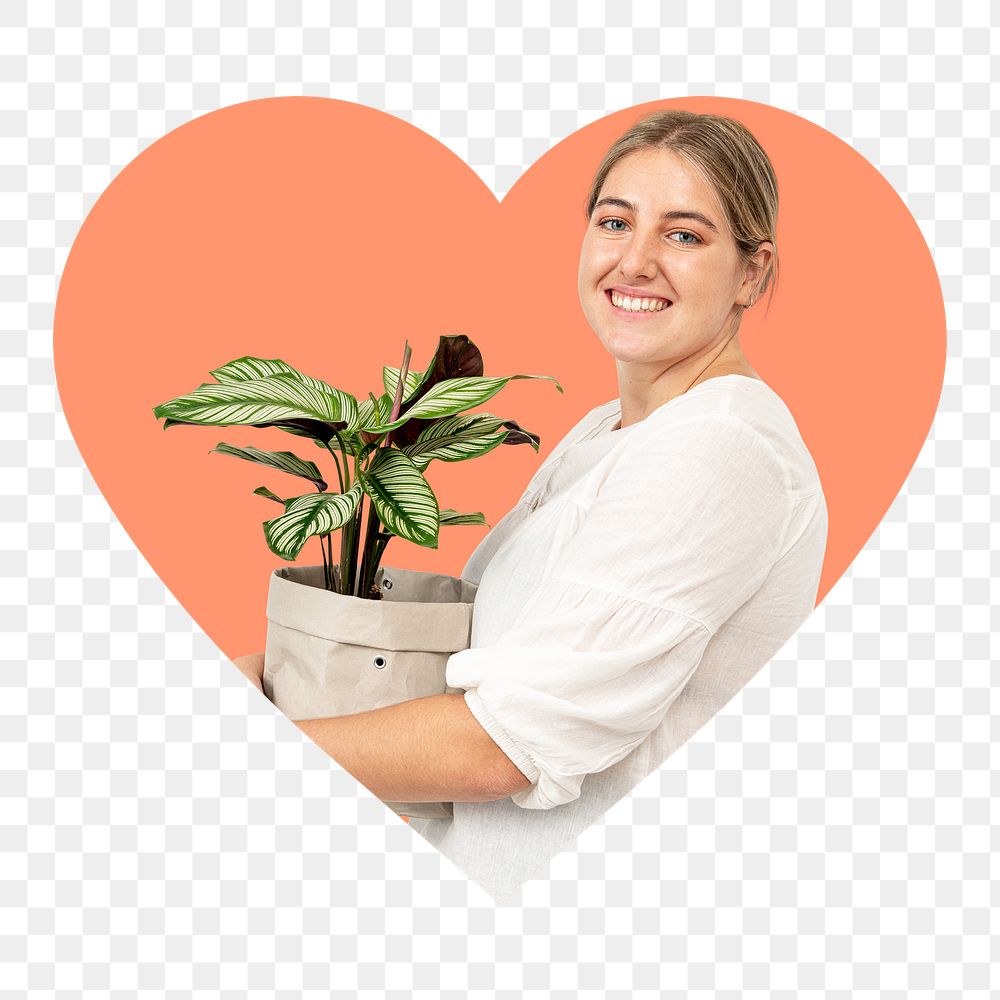 Plant lover png badge sticker, lifestyle photo in heart shape, transparent background