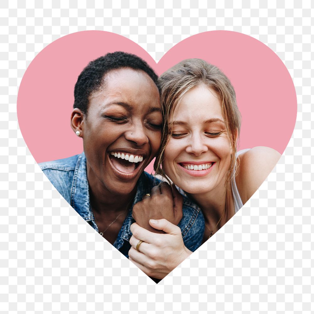 Lesbian couple png badge sticker, LGBTQ photo in heart shape, transparent background