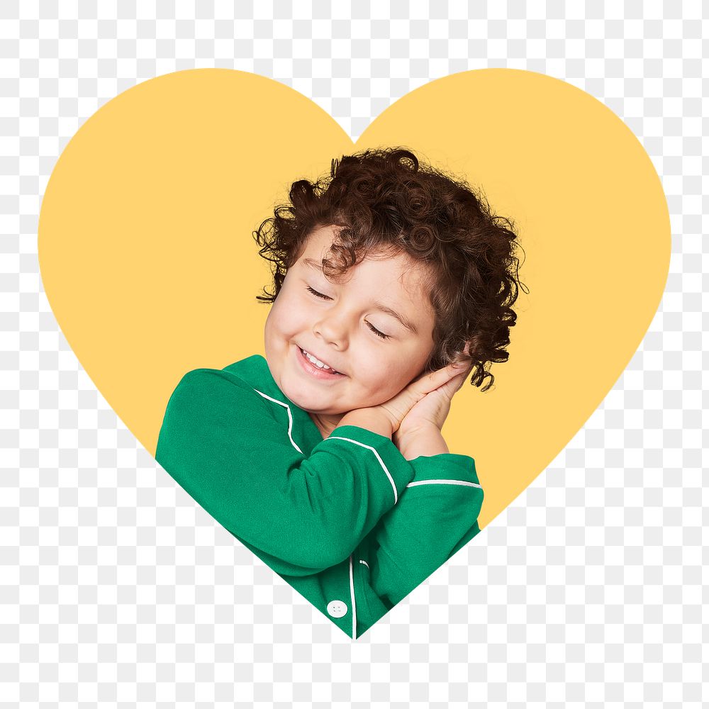 Sleepy kid png badge sticker, pajamas photo in heart shape, transparent background