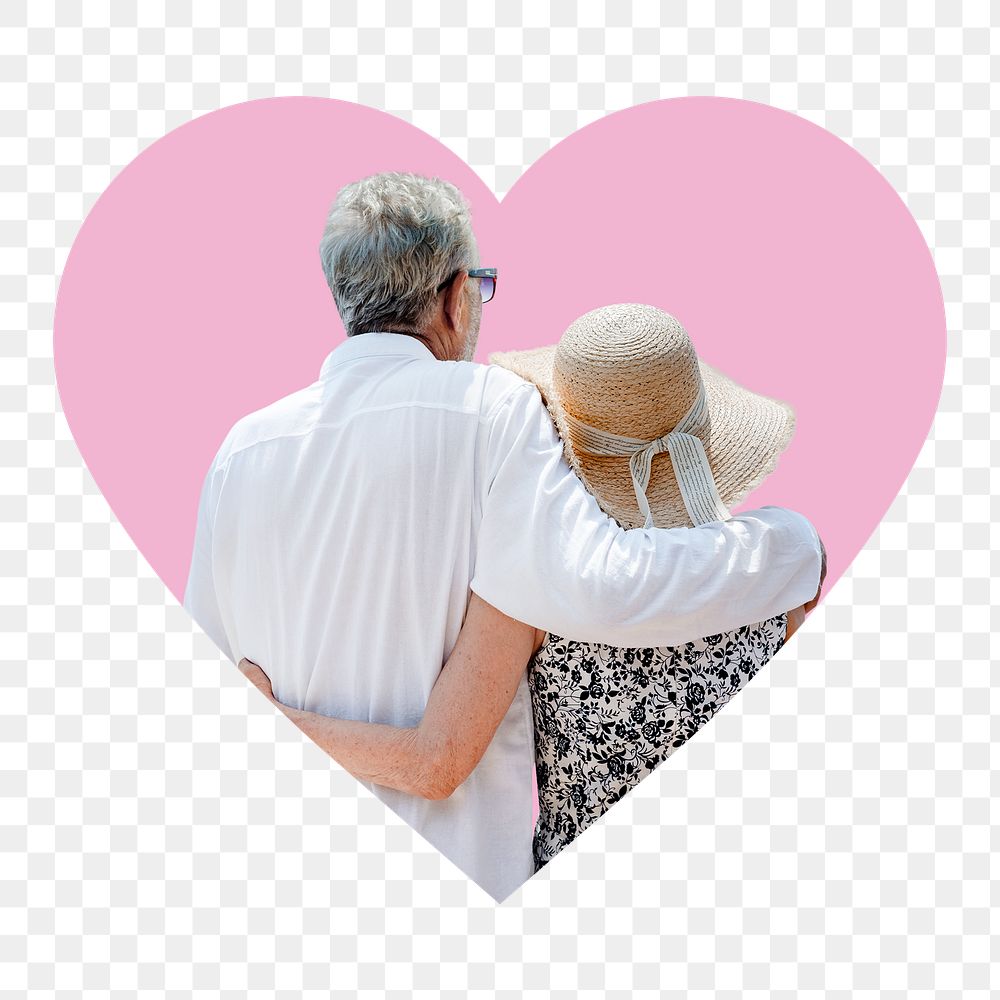 Senior couple png badge sticker, travel photo in heart shape, transparent background