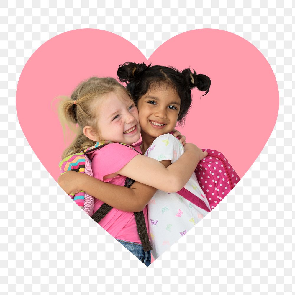 Png little girls hugging badge sticker, friendship photo in heart shape, transparent background