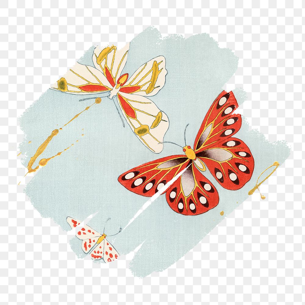 Japanese butterflies png, brush stroke reveal sticker, transparent background