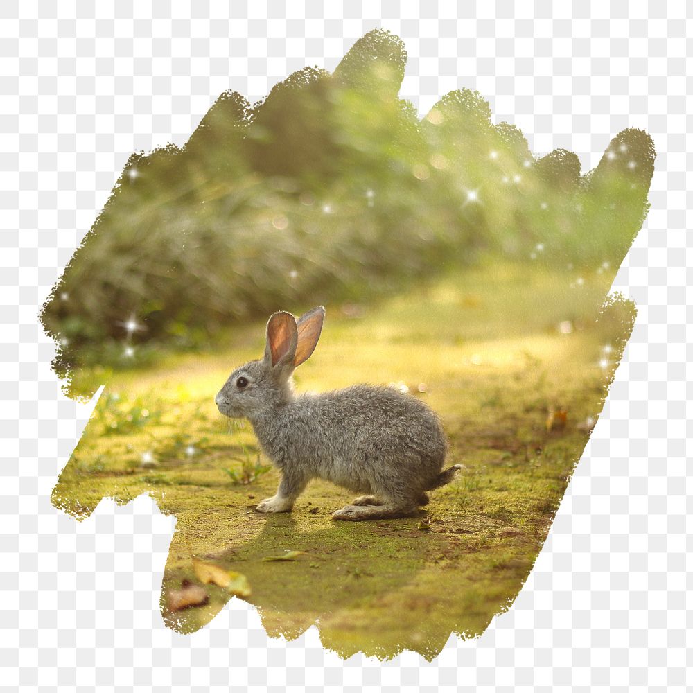 PNG rabbit in forest, brush stroke reveal sticker, animal collage element, transparent background