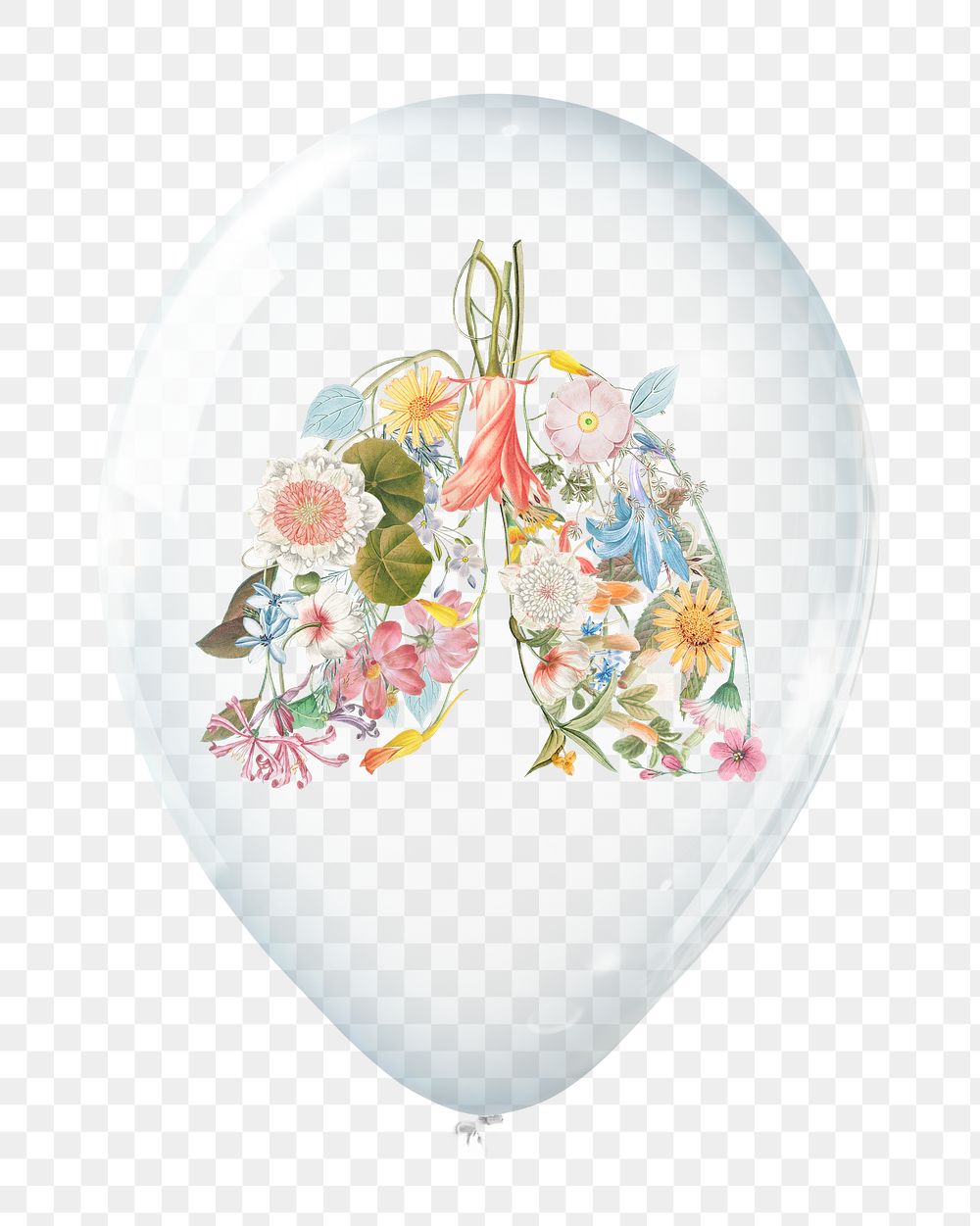 Air pollution png, floral lungs in clear balloon, transparent background