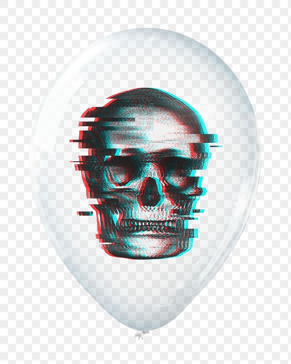 Glitch skeleton png in clear balloon, transparent background