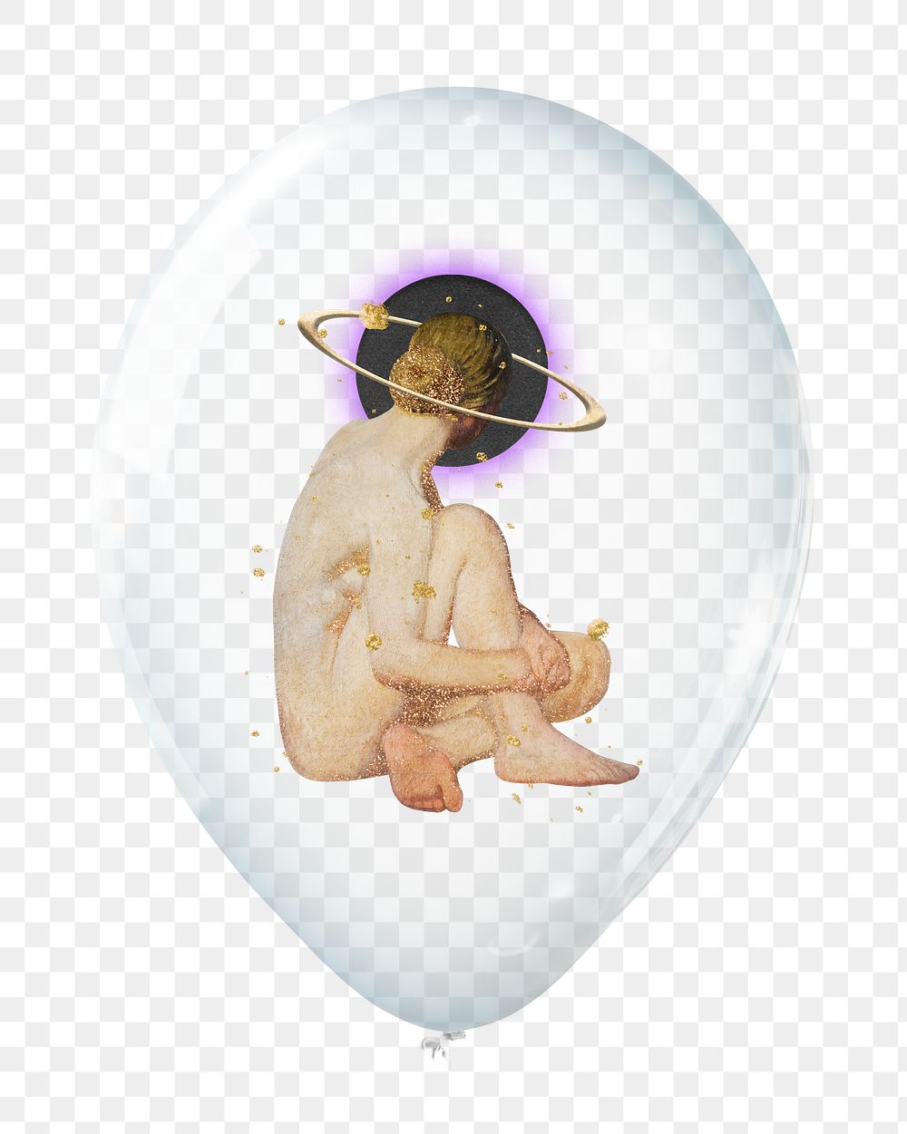 Nude woman png with halo angle ring, sitting in clear balloon, transparent background