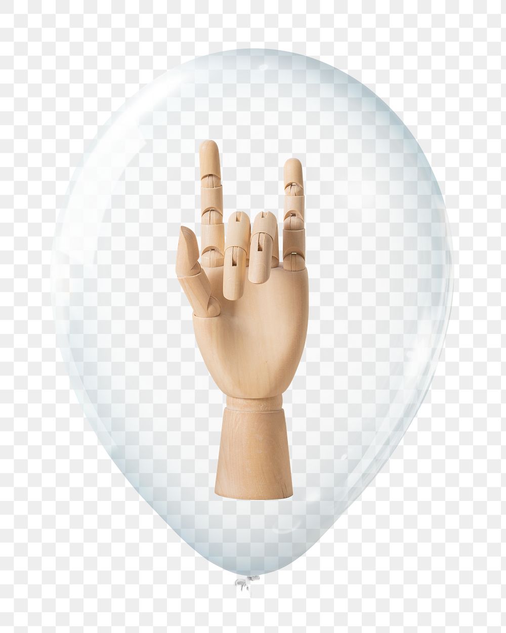 PNG wooden hand mannequin, in clear balloon, transparent background