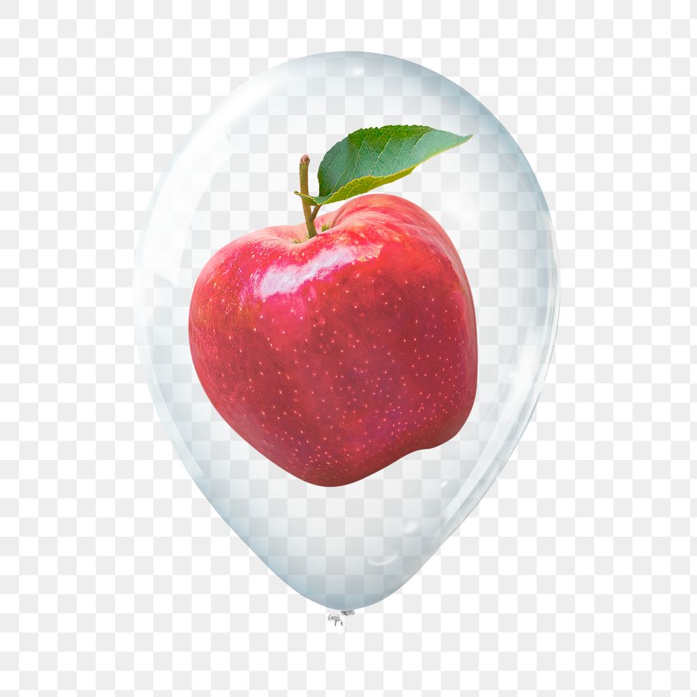 Red apple png sticker, food in clear balloon, collage element, transparent background