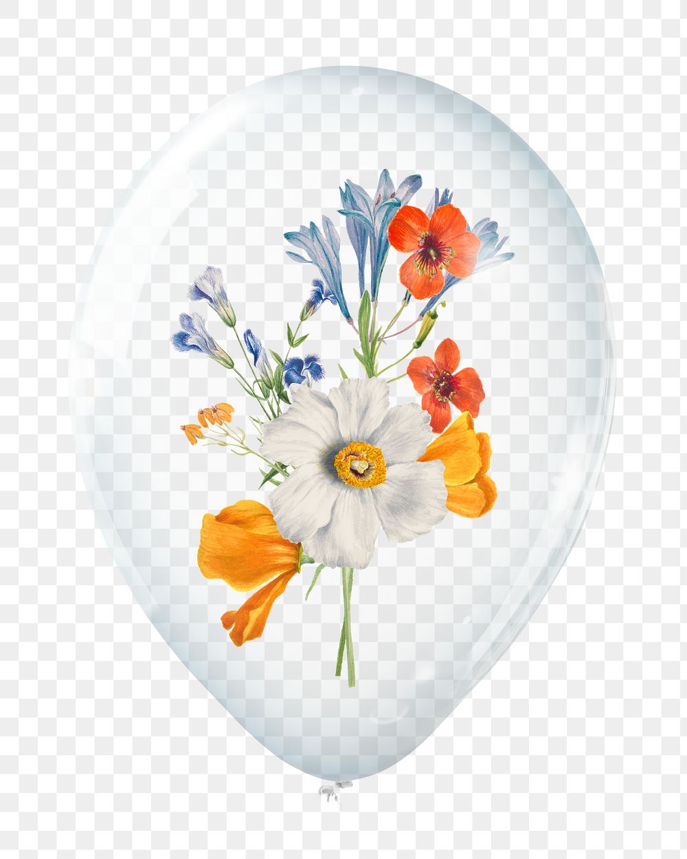 PNG spring flowers in clear balloon, transparent background