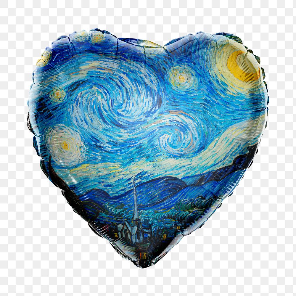 Starry night png heart balloon sticker, Vincent Van Gogh painting on transparent background, remixed by rawpixel