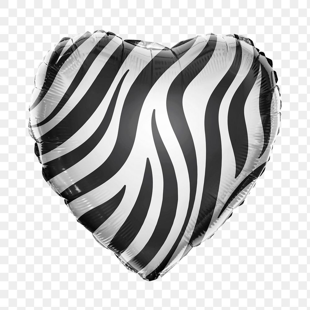 Png zebra stripe pattern heart balloon sticker, animal prints graphic on transparent background