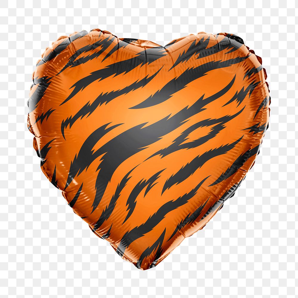 Png tiger stripe pattern heart balloon sticker, animal prints graphic on transparent background