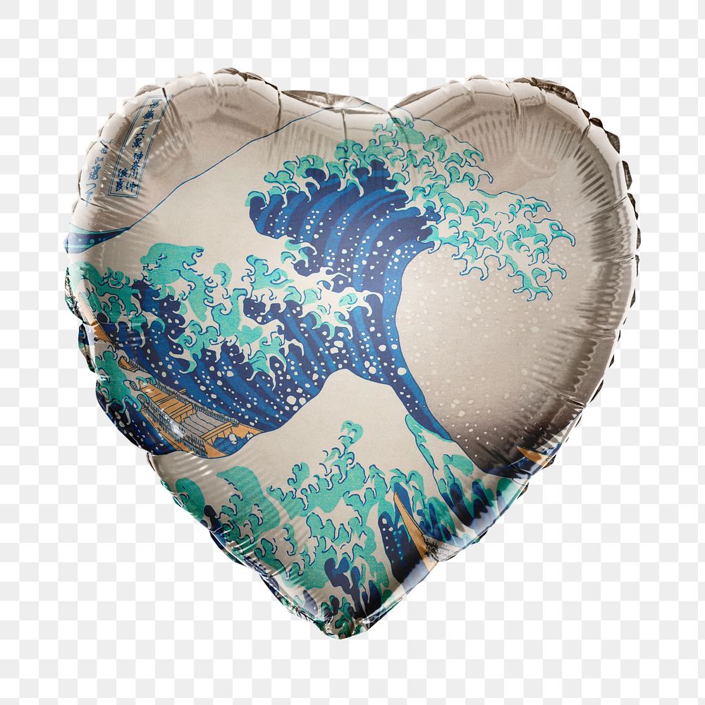 Hokusai's Japanese wave png heart balloon sticker, traditional painting on transparent background, remixed by rawpixel