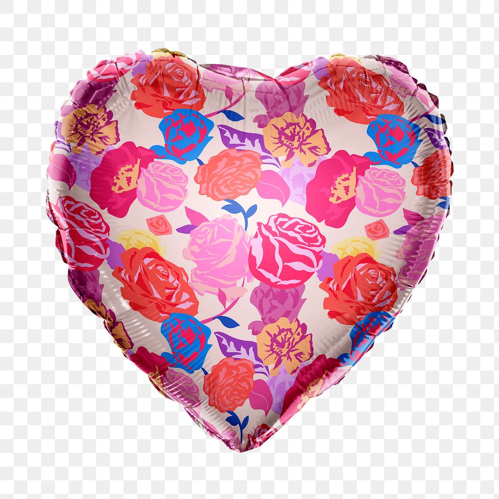 Png pink rose pattern heart balloon sticker, flower photo on transparent background