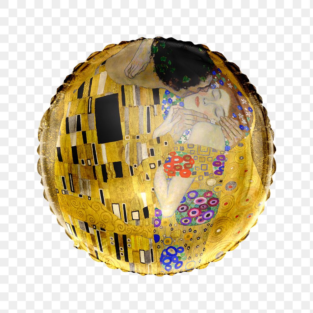 The Kiss png balloon sticker, Gustav Klimt's painting in circle shape, transparent background, remixed by rawpixel