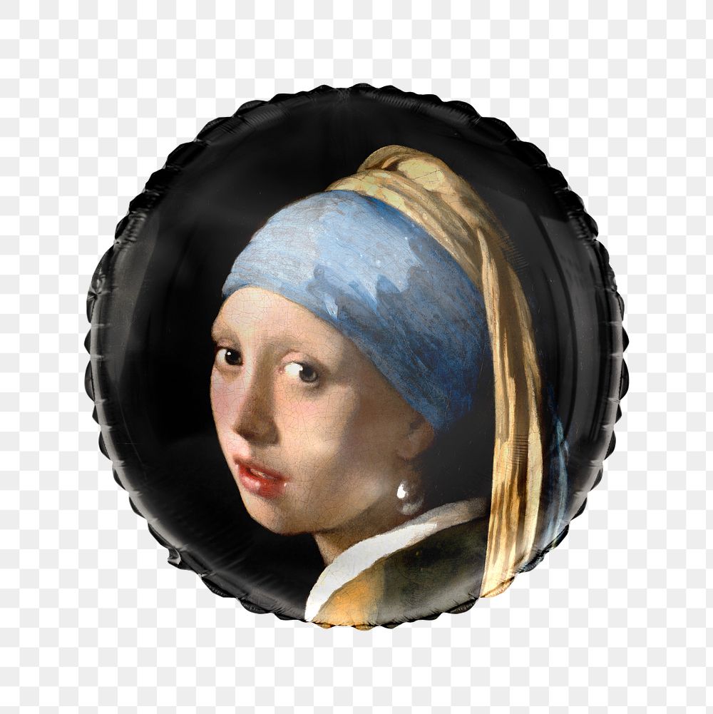Png Vermeer's pearl earring portrait balloon sticker, famous painting in circle shape, transparent background, remixed by…