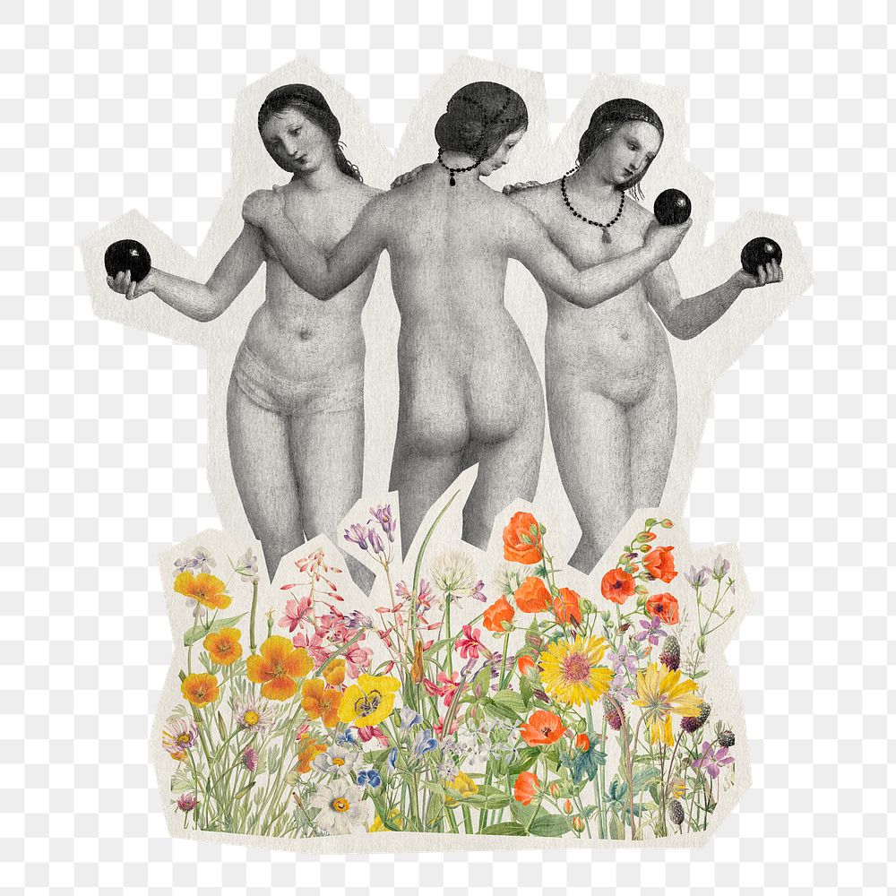 Nude goddess png sticker, transparent background, Three Graces famous painting remixed by rawpixel