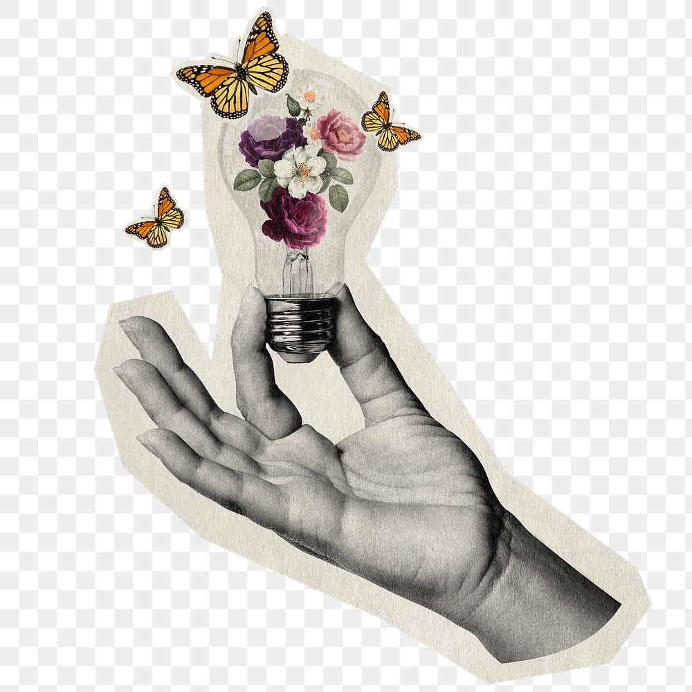 Startup idea png sticker, light bulb flower mixed media transparent background