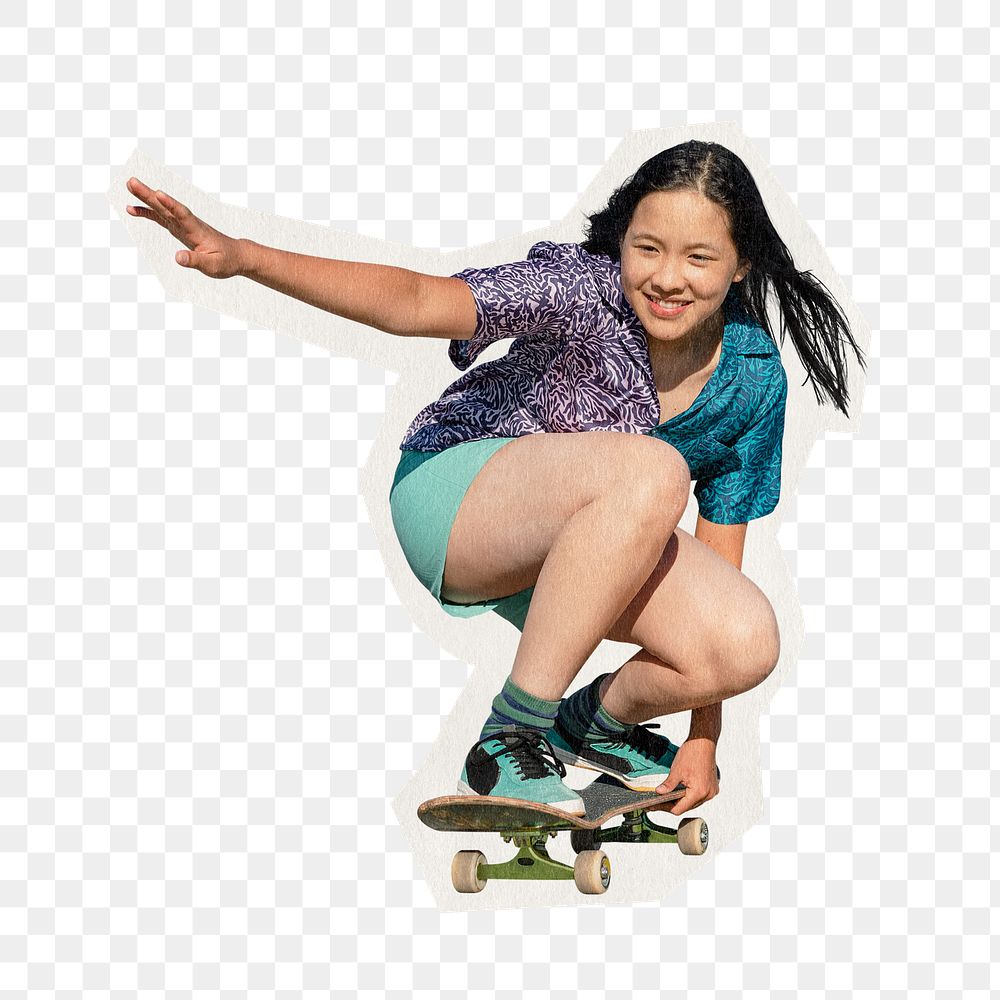 Girl skateboarding png sticker, rough cut paper effect, transparent background