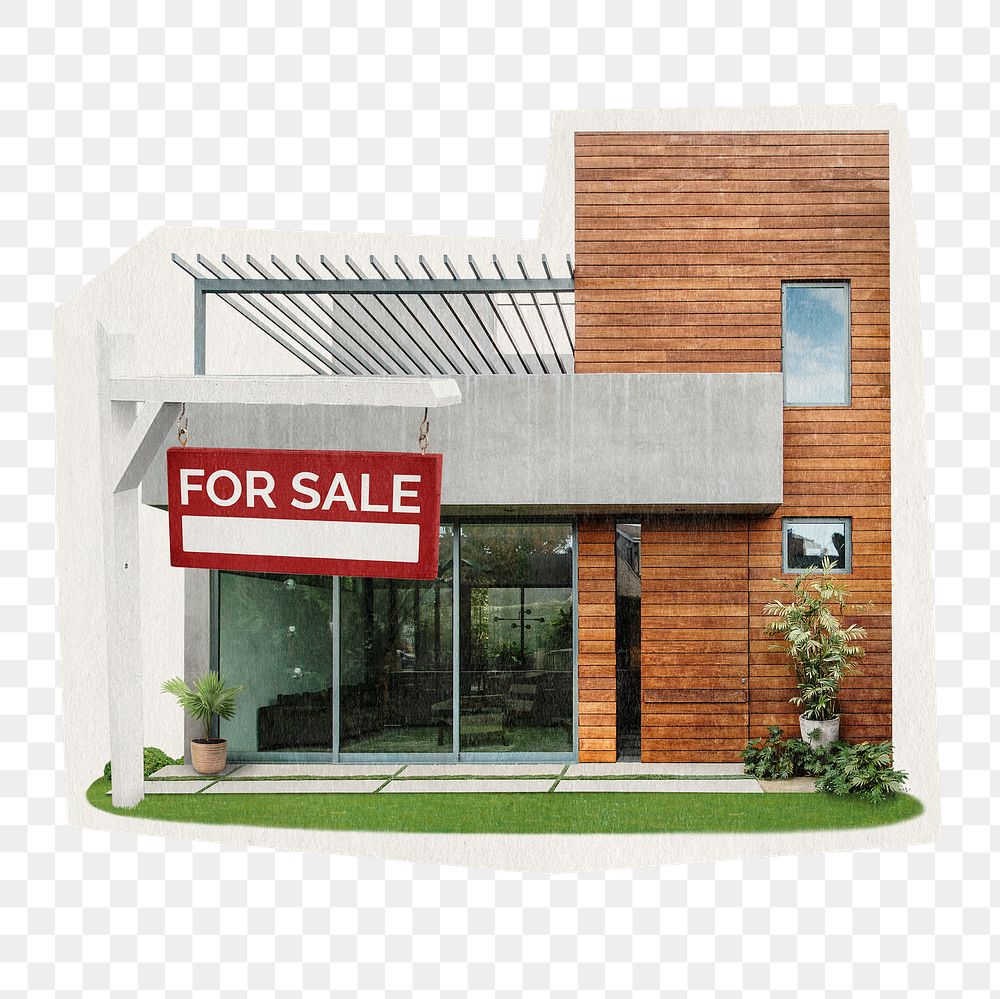 Home for sale png sticker, building rough cut paper effect, transparent background