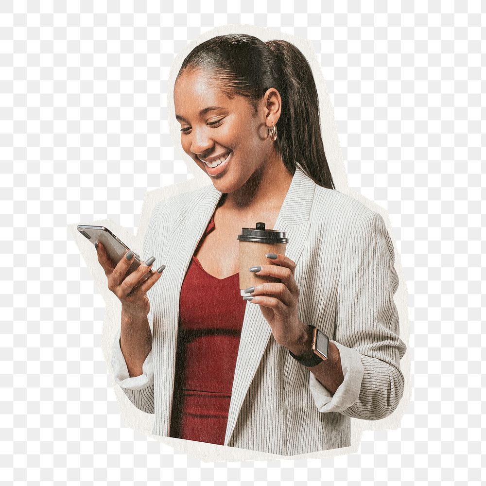 Businesswoman png sticker, African woman rough cut paper effect, transparent background