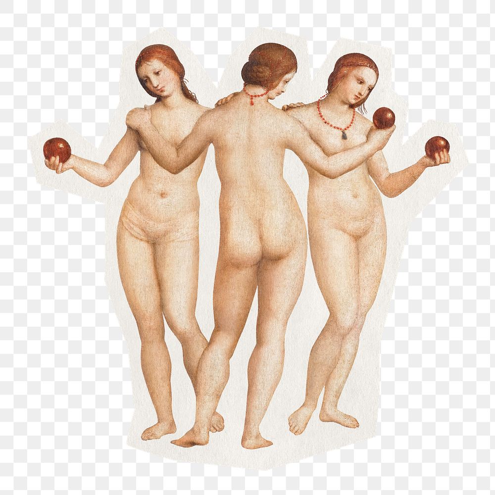 Png Three Graces famous painting  sticker, nude goddess rough cut paper effect, transparent background, remixed by rawpixel