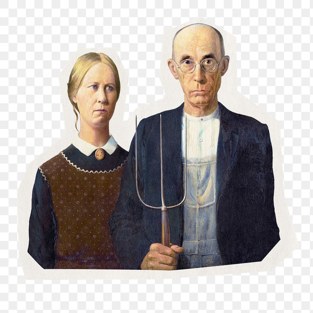 Png American Gothic vintage painting sticker, Grant Wood rough cut paper effect, transparent background, remixed by rawpixel