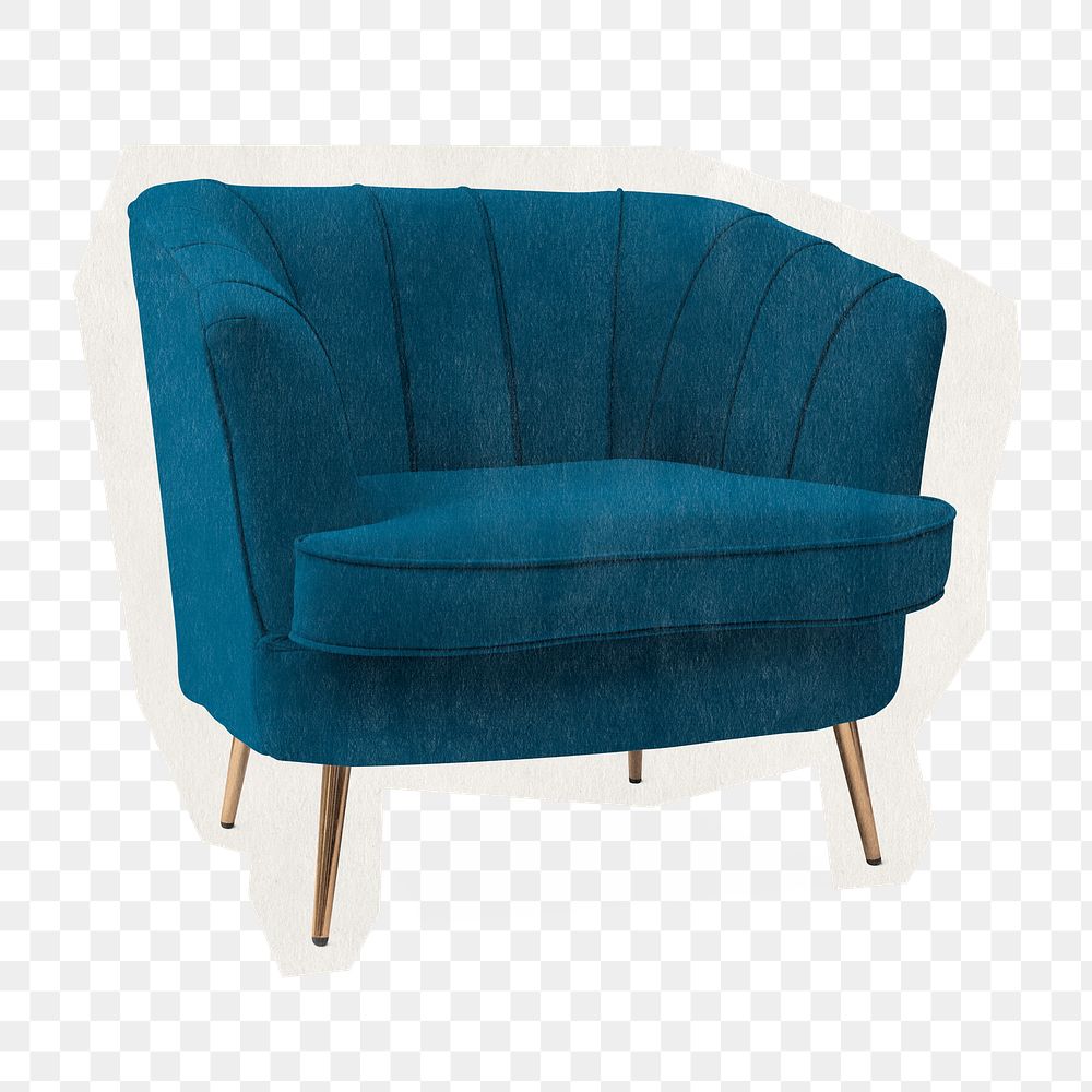 Blue armchair png sticker, luxurious furniture rough cut paper effect, transparent background
