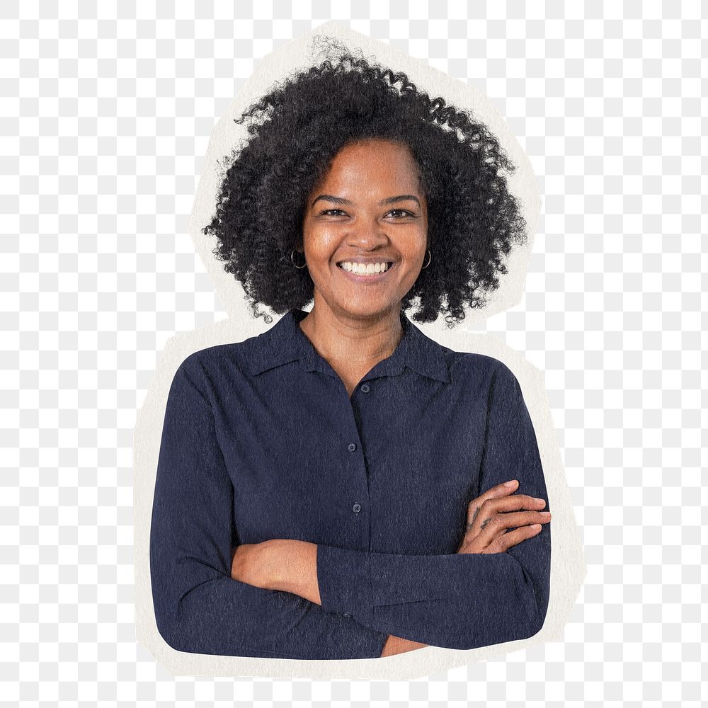 African businesswoman png sticker, confident look rough cut paper effect, transparent background