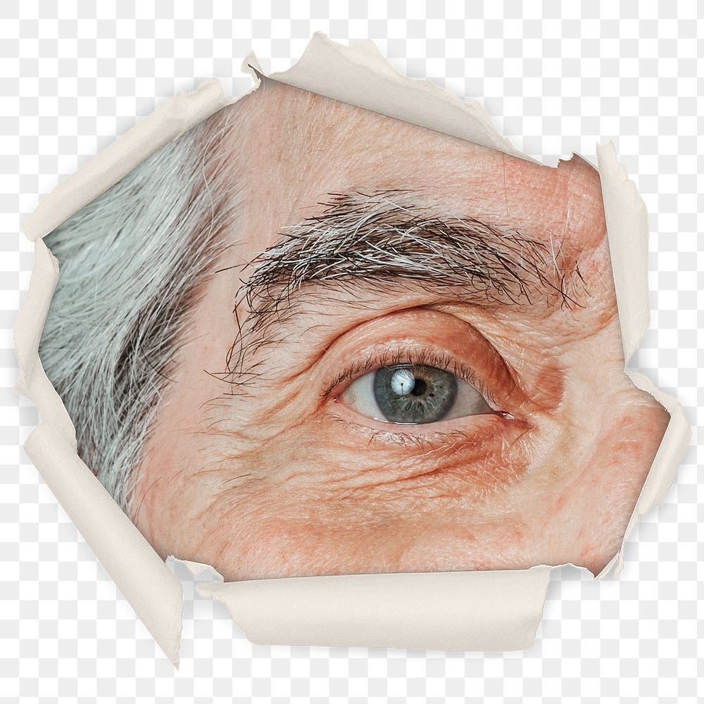 Png senior man eye badge sticker, person in center ripped paper photo, transparent background