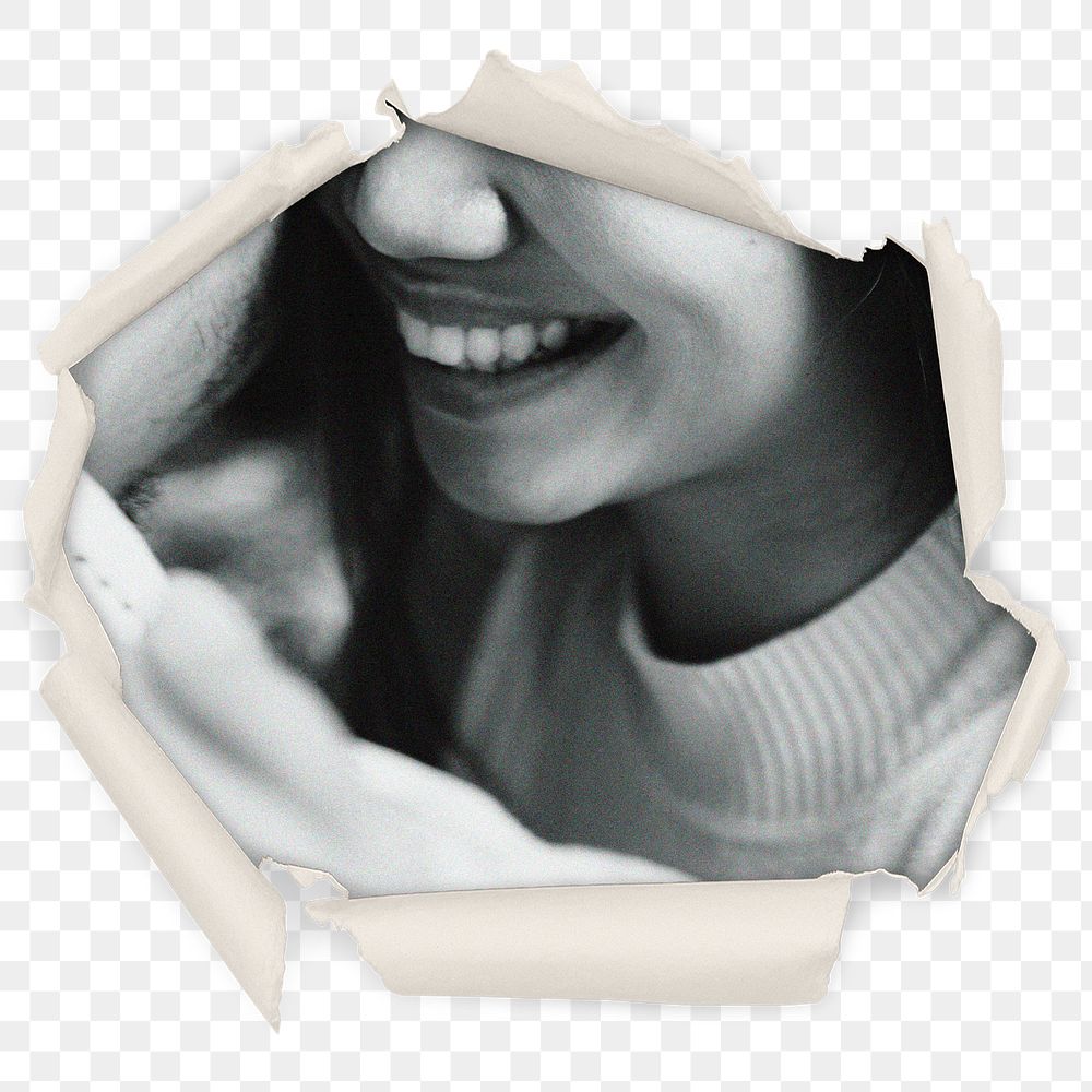 Woman smiling png badge sticker, relationship in center ripped paper photo, transparent background