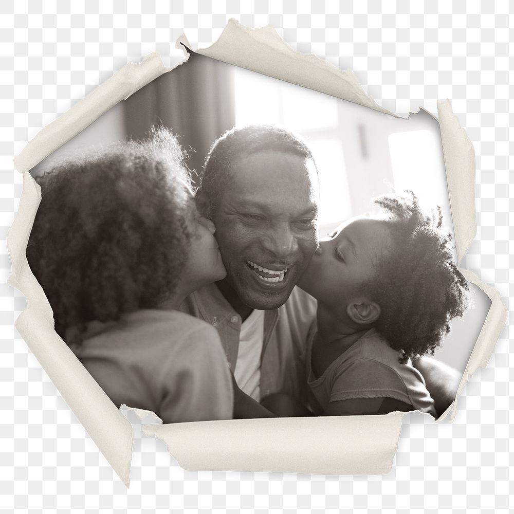 Father & daughters png badge sticker, African family in center ripped paper photo, transparent background