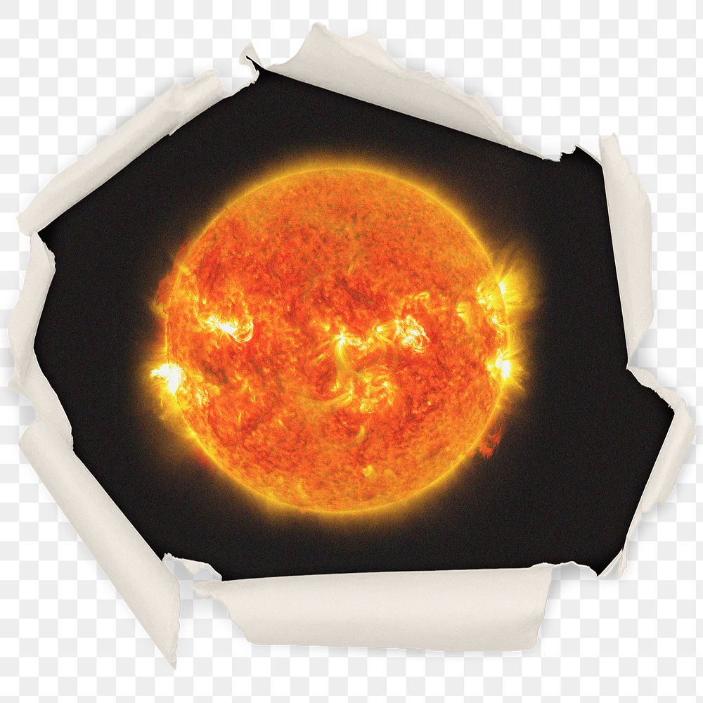 Glowing sun png badge sticker, solar system in center ripped paper photo, transparent background