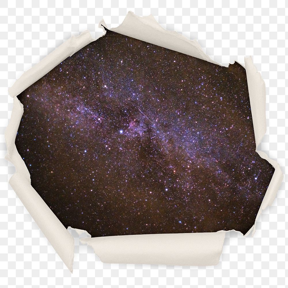 Starry sky png badge sticker, galaxy in center ripped paper photo, transparent background
