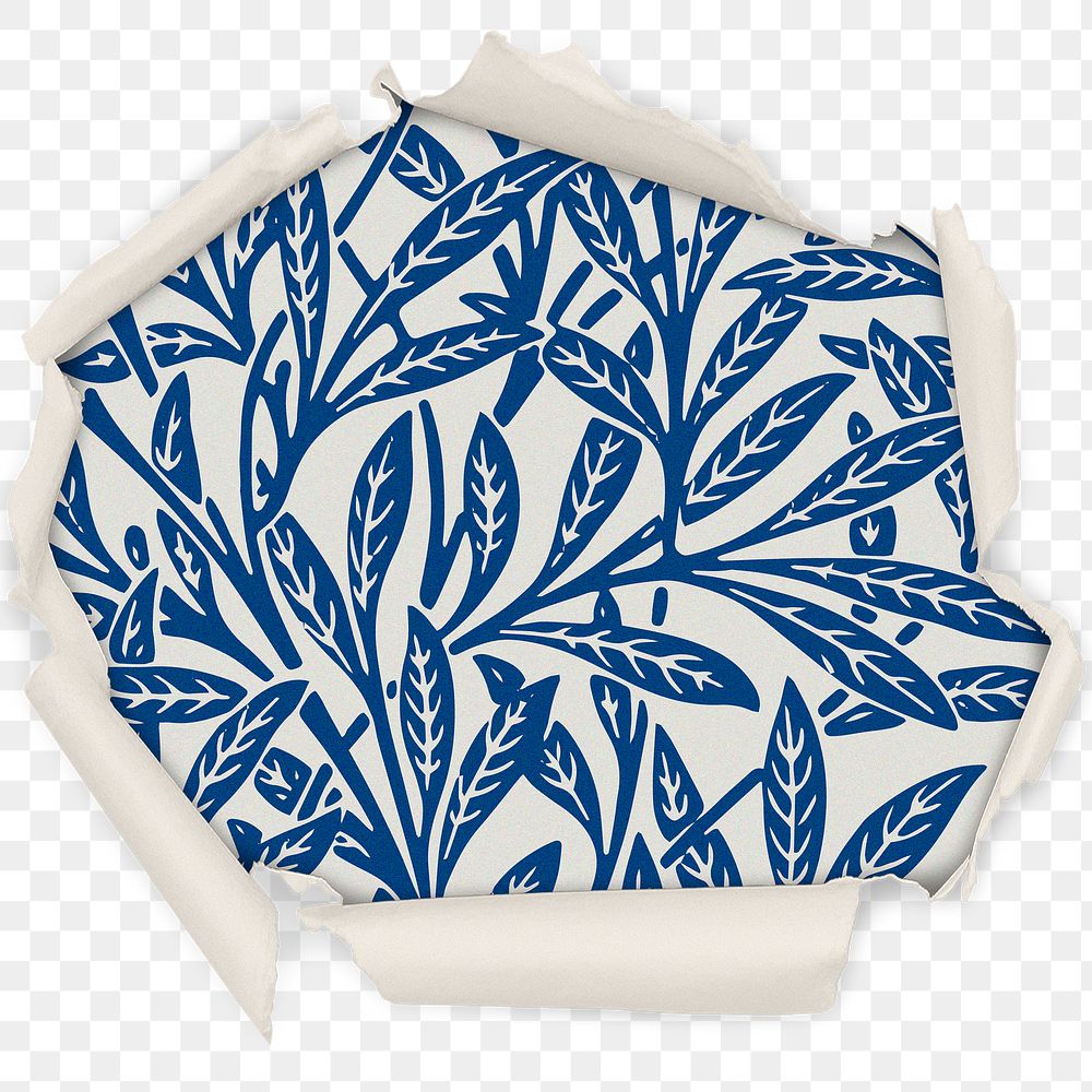 Blue leaf png pattern badge sticker, botanical ornament in center ripped paper photo, transparent background