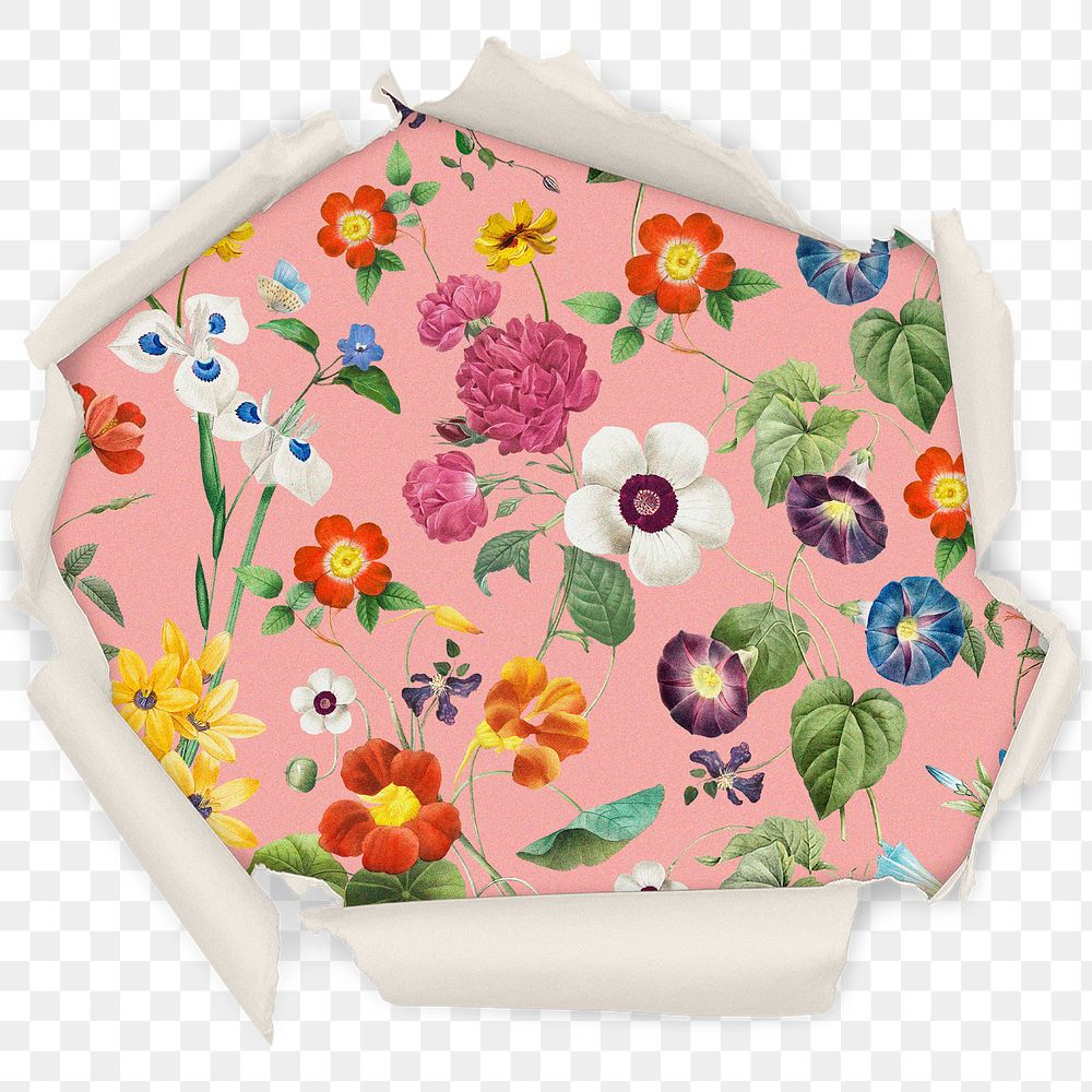 Floral pattern png badge sticker, flower in center ripped paper photo, transparent background