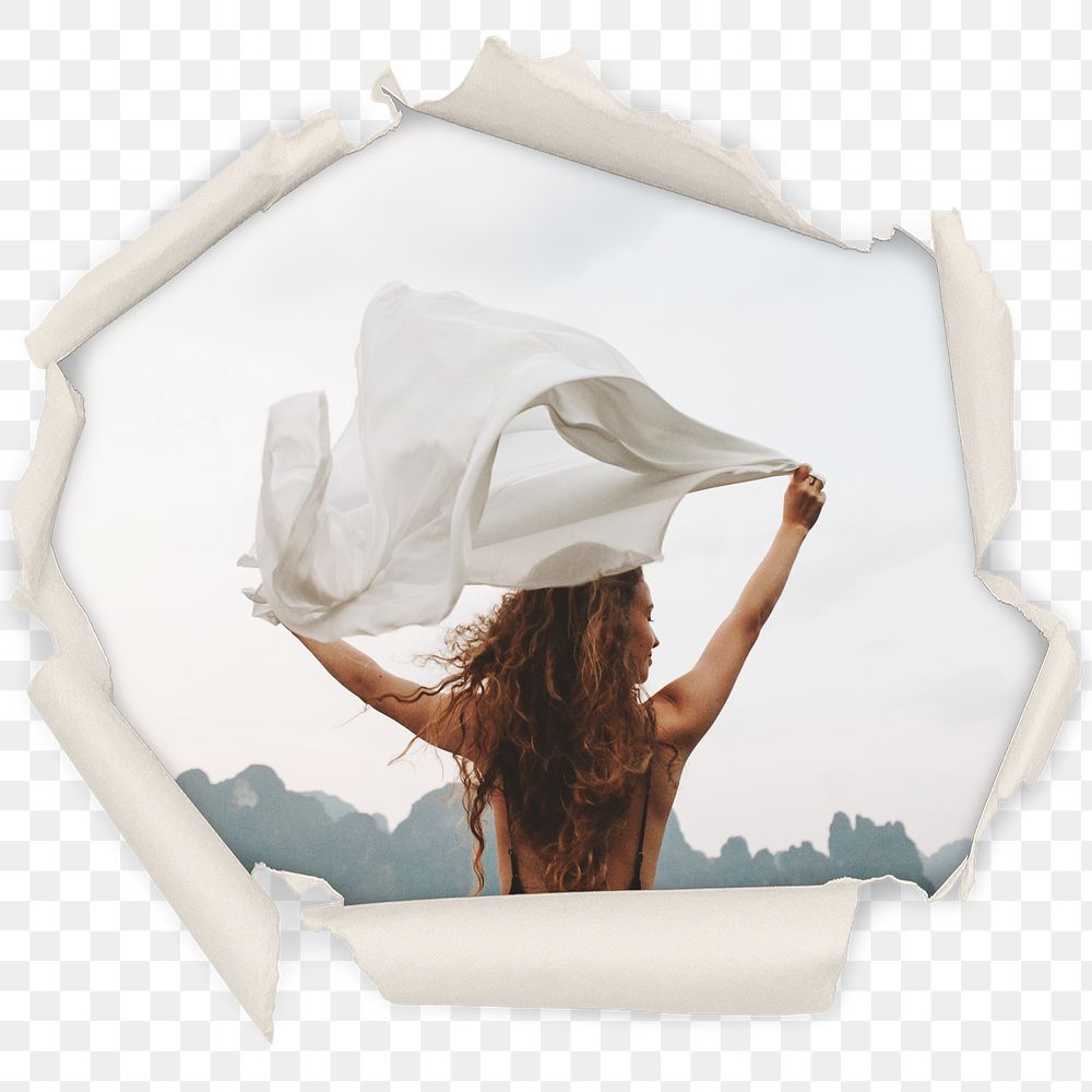 Png woman holding white cloth in wind badge sticker, travel in center ripped paper photo, transparent background