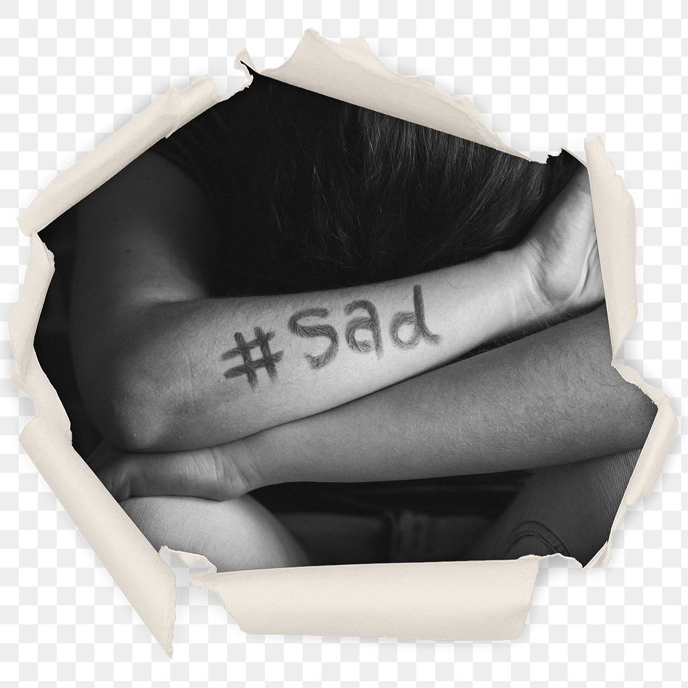 Hashtag sad png badge sticker, mental health in center ripped paper photo, transparent background