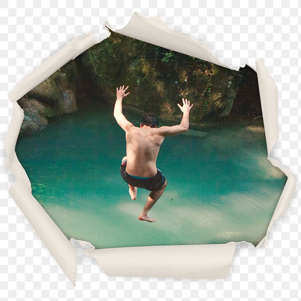 Png man jumping into a pond badge sticker, travel in center ripped paper photo, transparent background