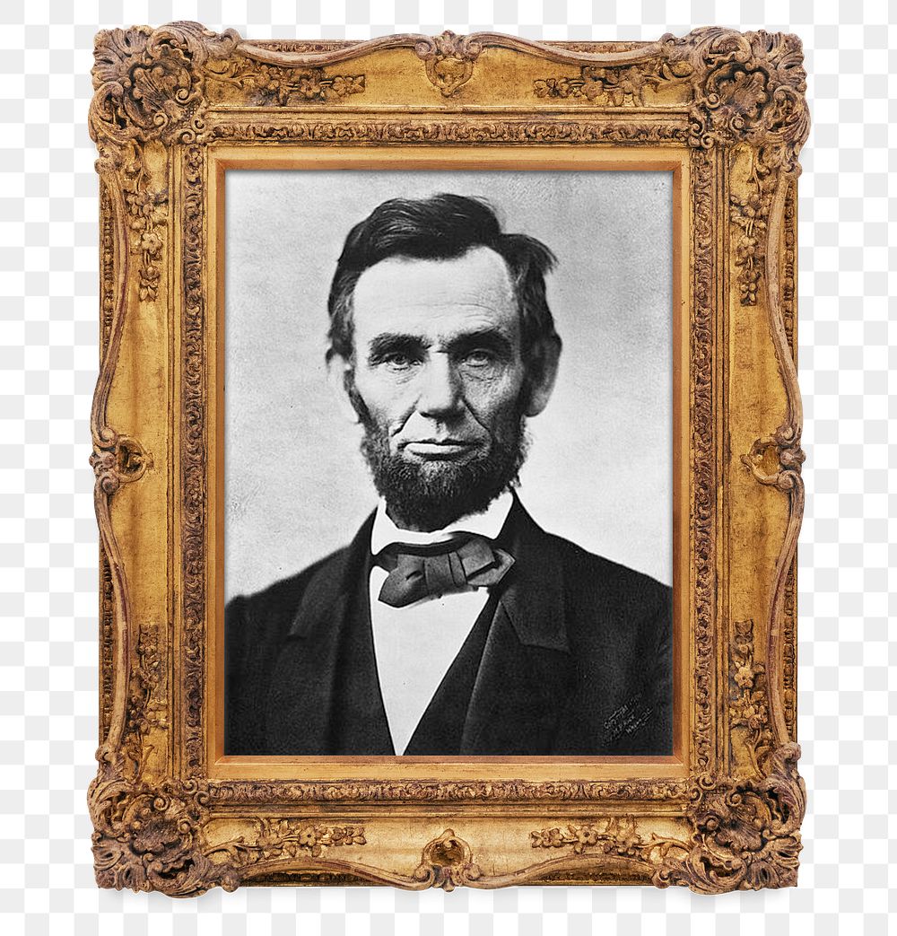 President Abraham Lincoln png in Rococo frame, transparent background