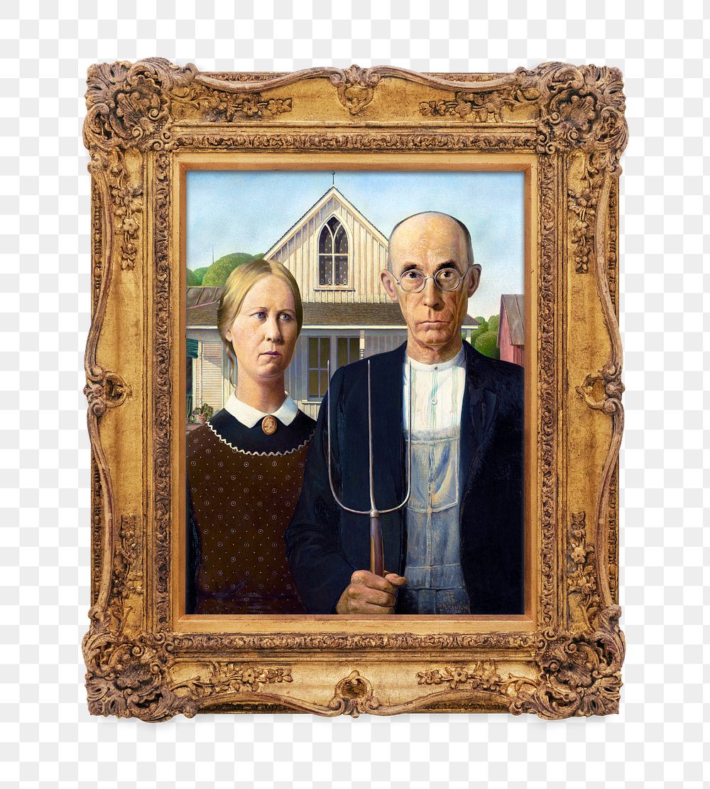 American Gothic png artwork sticker, transparent background, remixed by rawpixel.