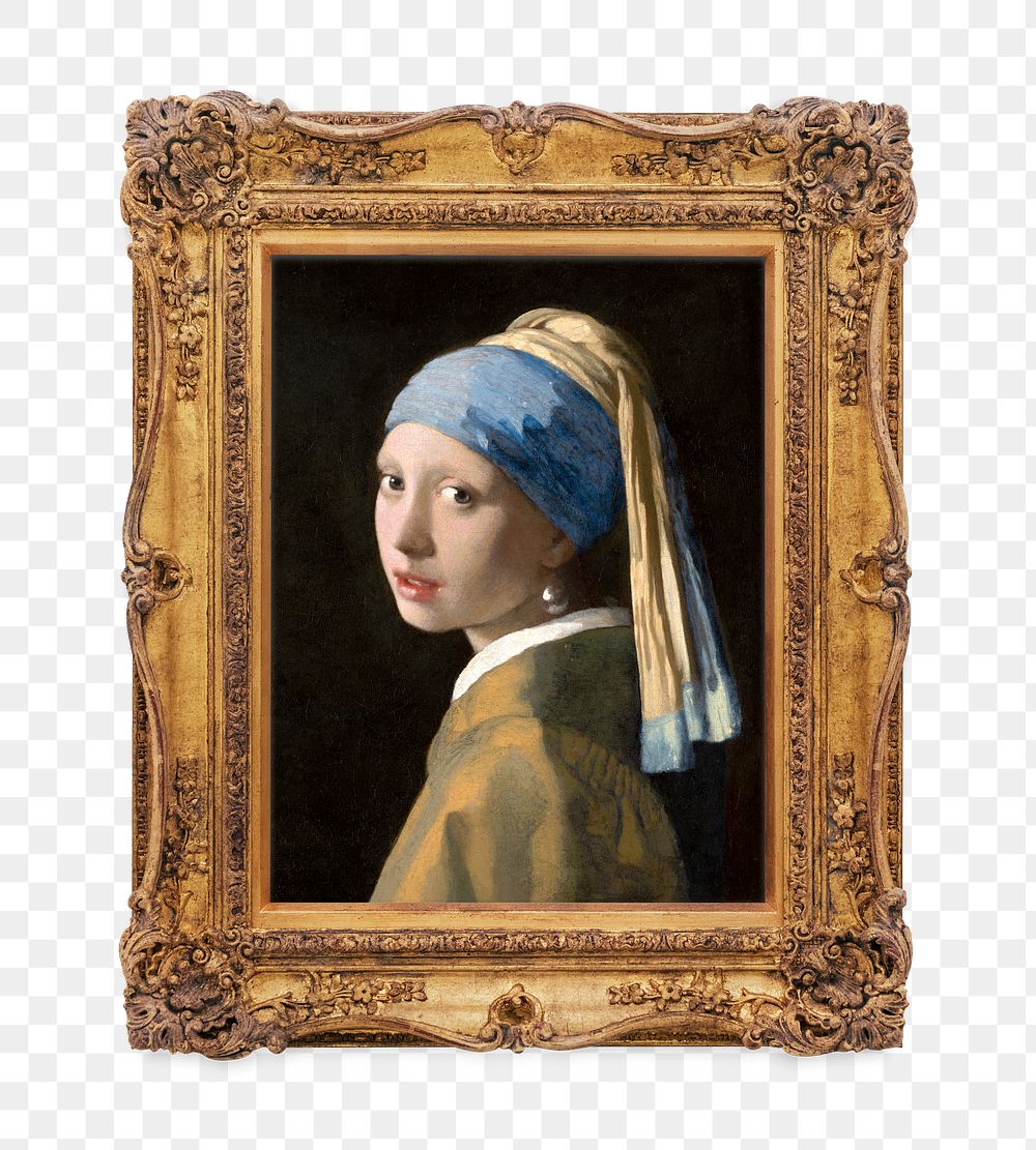 Png framed Girl with a Pearl Earring artwork sticker, transparent background, remixed by rawpixel.