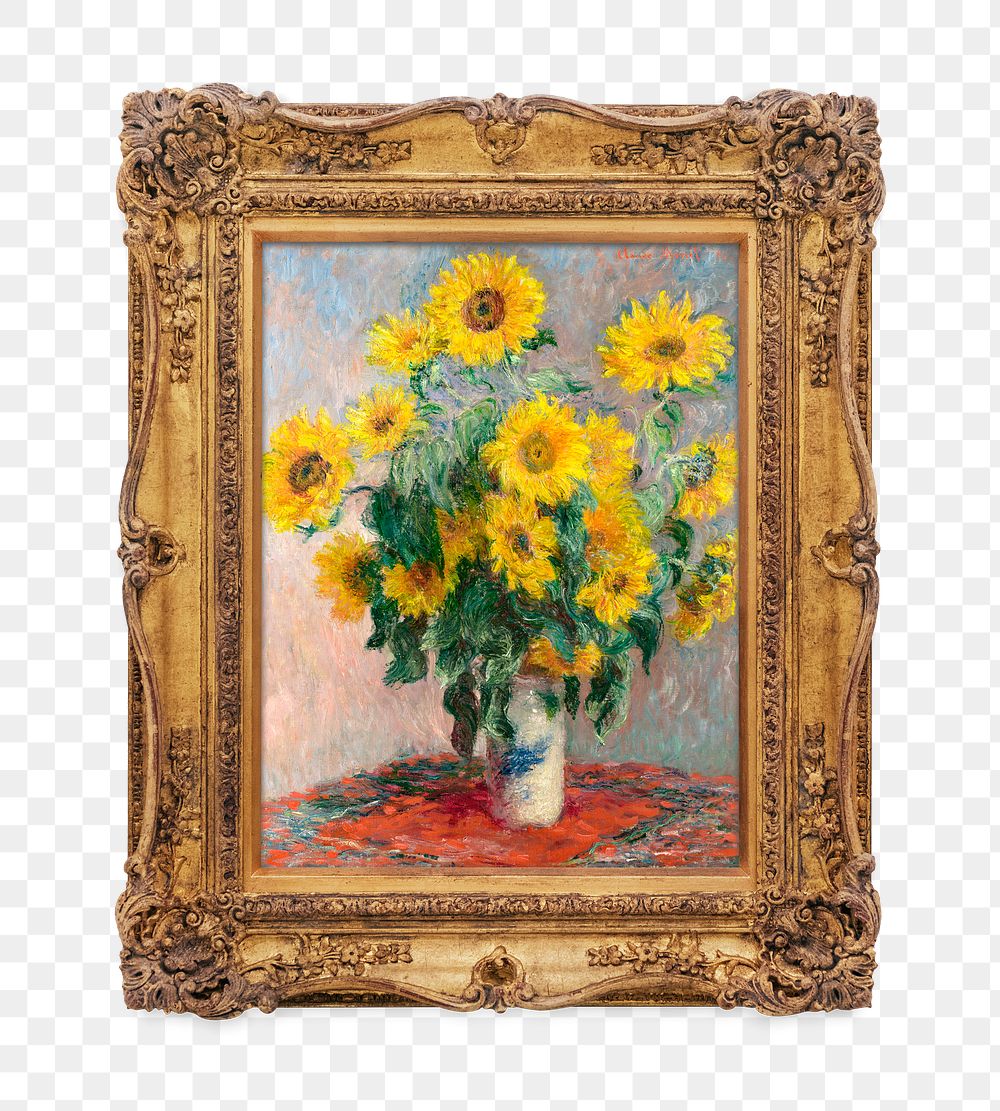 Png Monet's sunflowers framed artwork, transparent background, remixed by rawpixel.