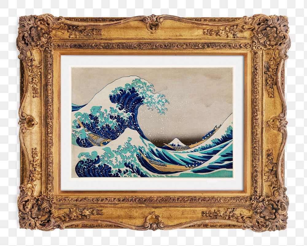 Png Hokusai's wave framed artwork, transparent background, remixed by rawpixel.