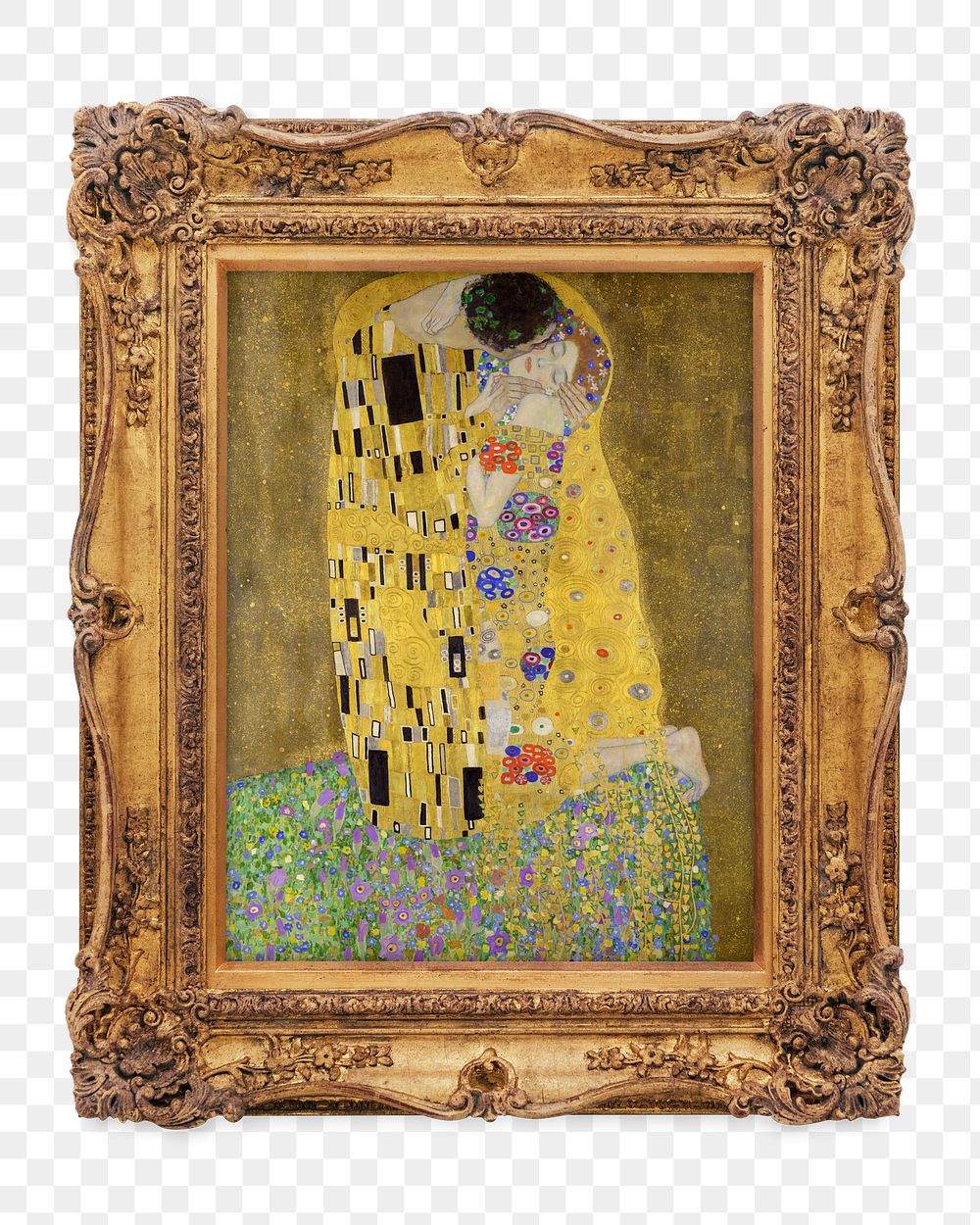 Png Klimt's The Kiss framed artwork, transparent background, remixed by rawpixel.