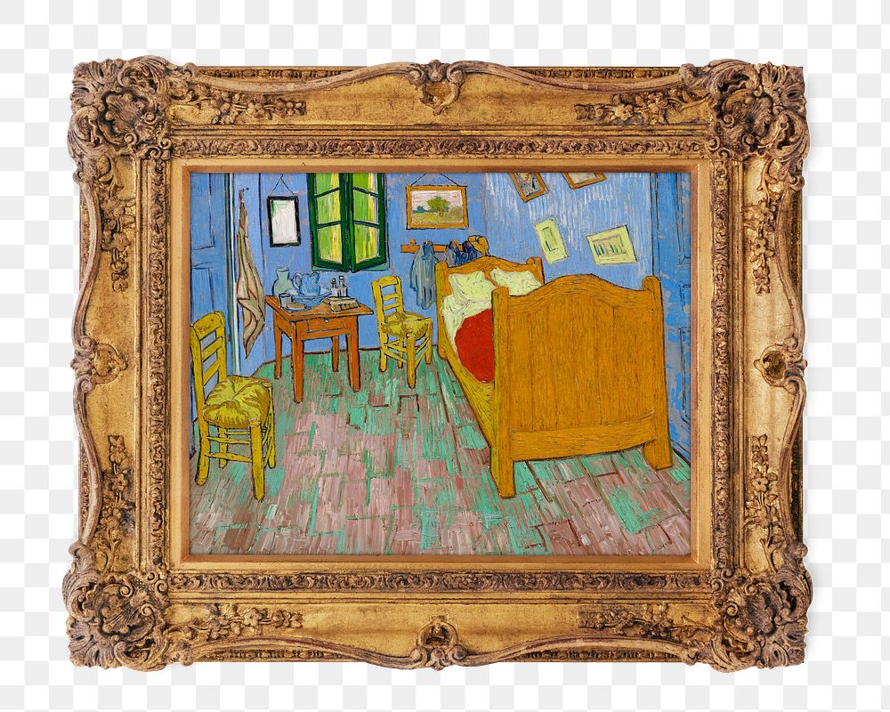 Png Van Gogh The Bedroom framed artwork, transparent background, remixed by rawpixel.