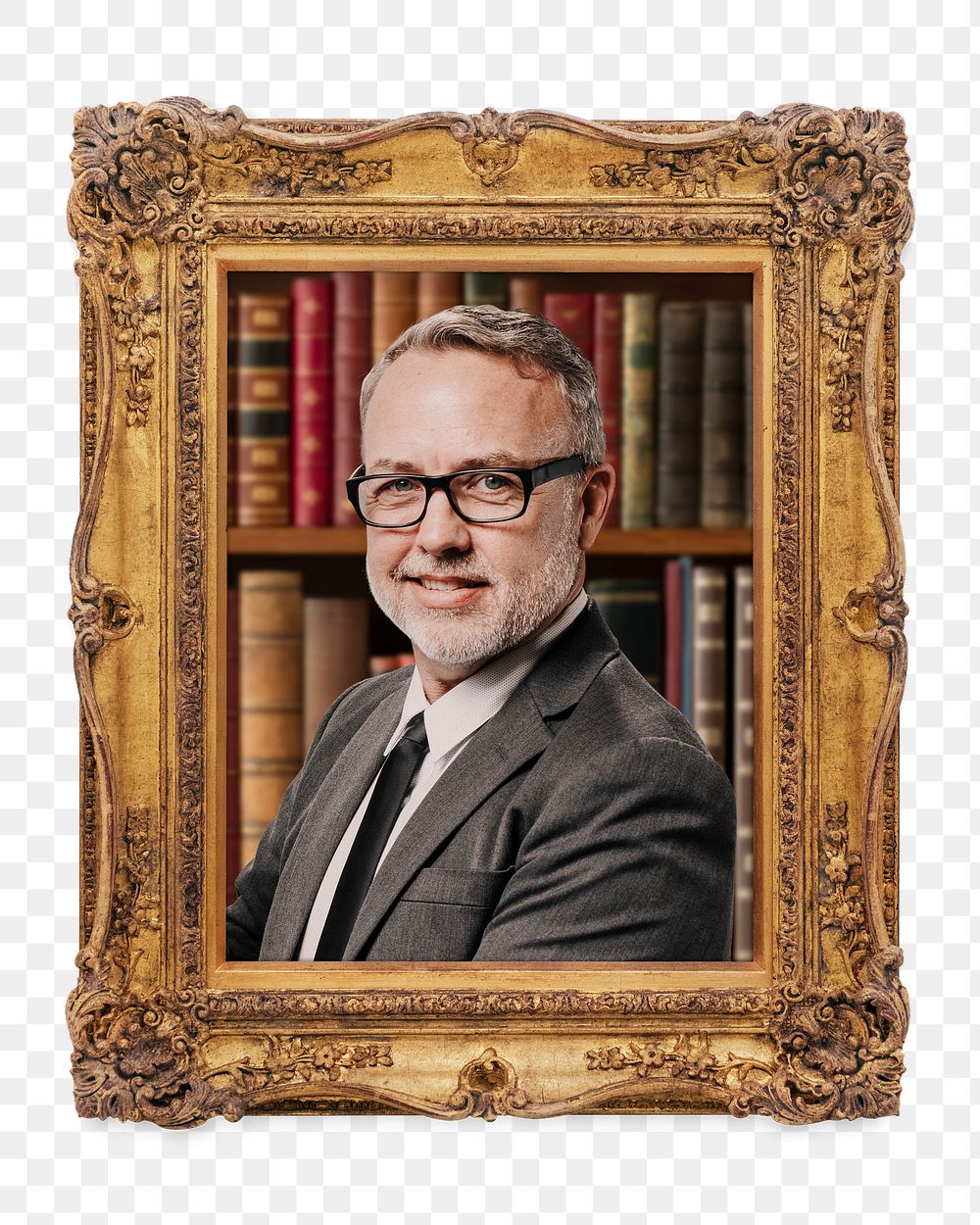 Business man png portrait in Rococo frame, transparent background