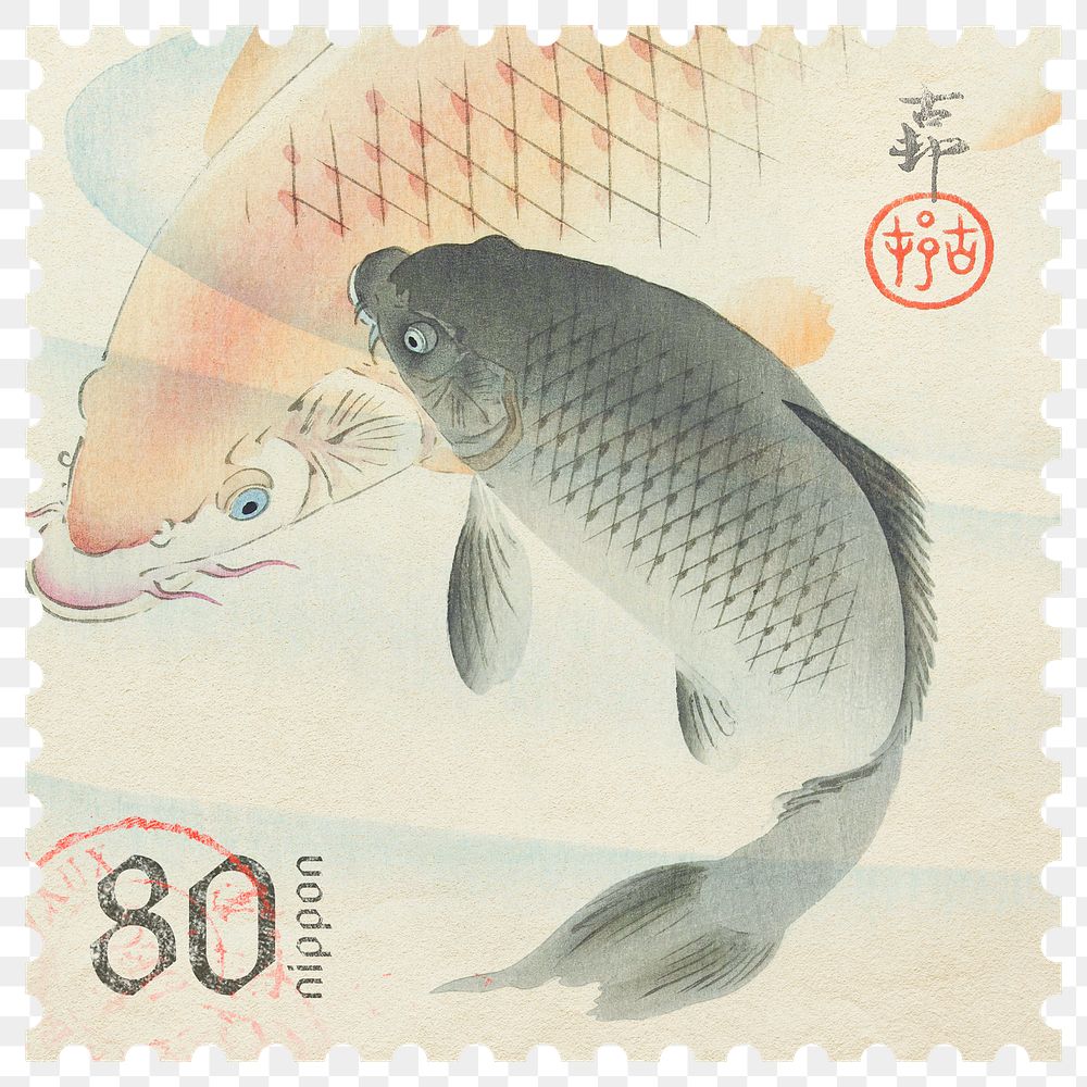 Png Ohara Koson carp stamp sticker, transparent background, remixed by rawpixel 