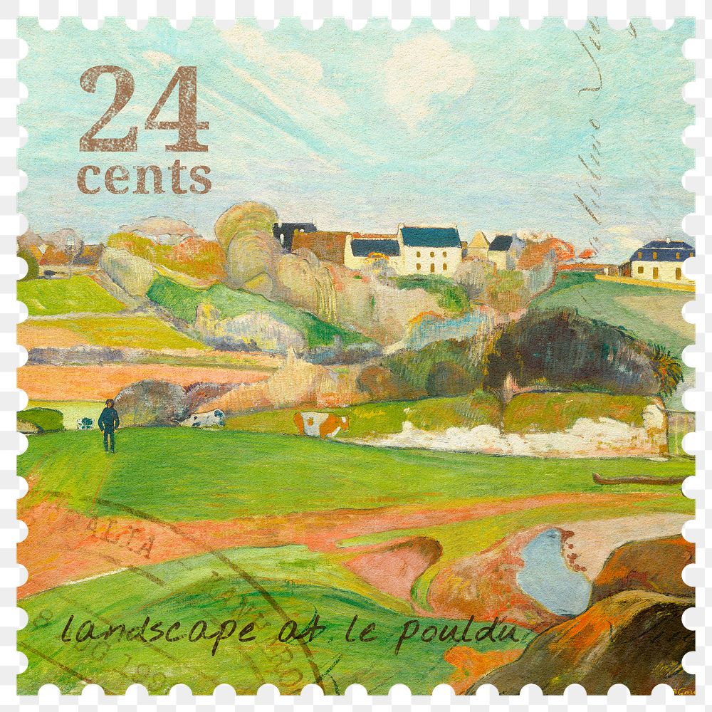 Png Gauguin landscape stamp sticker, transparent background, remixed by rawpixel 